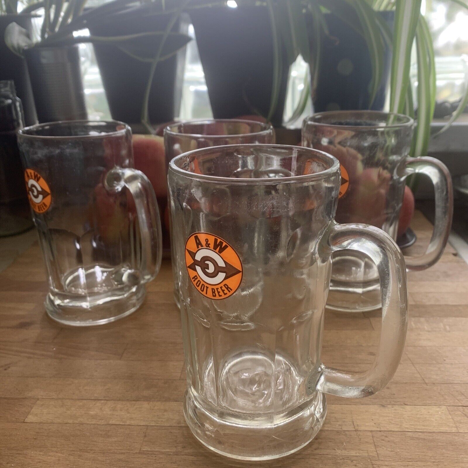 Vtg A&W Heavy Glass Root Beer Mugs With Bullseye Arrow Logo 6” H 31/2” W