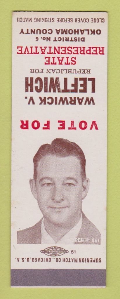 Matchbook Cover - Warwick Leftwich State Rep Oklahoma County SAMPLE