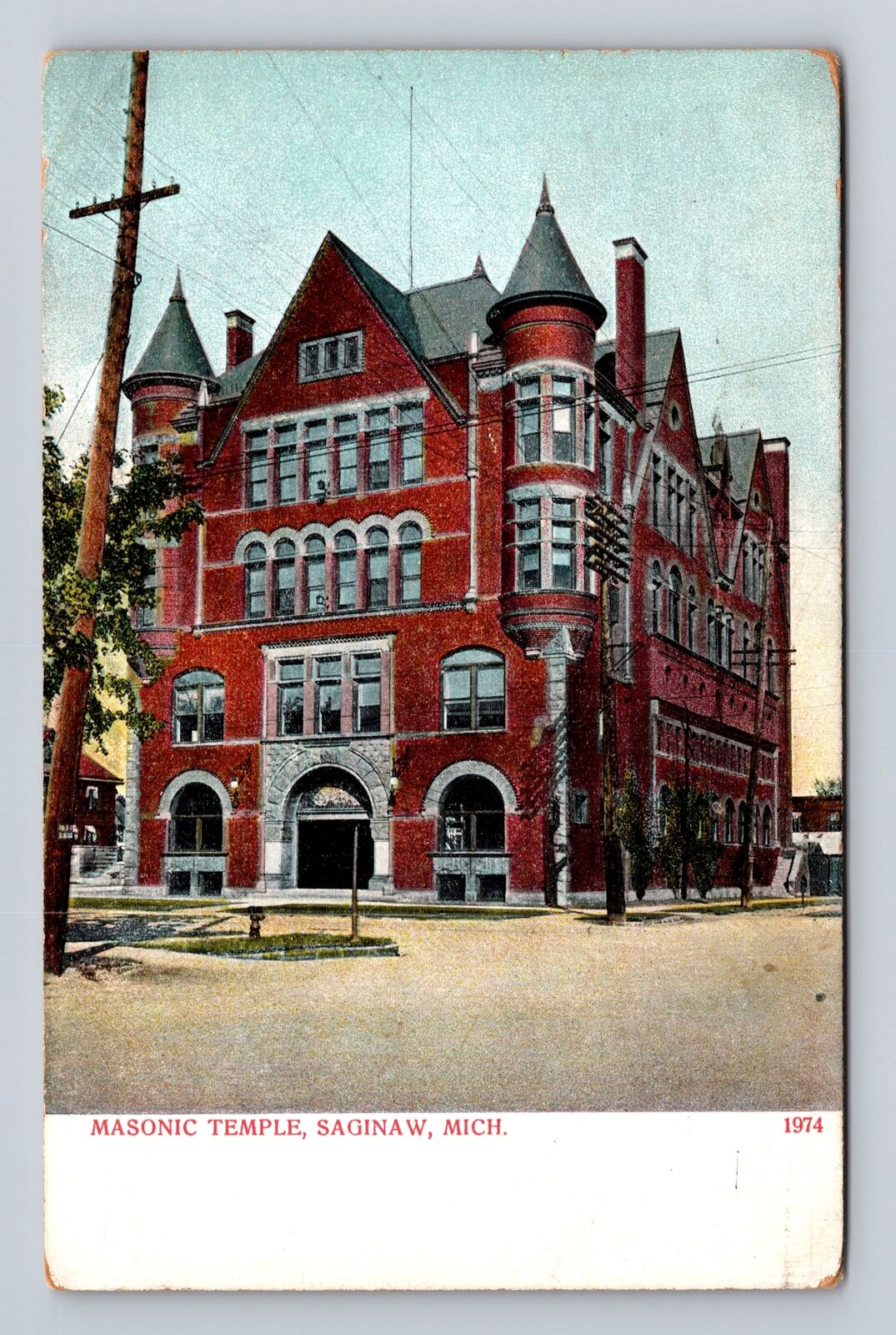 Saginaw MI-Michigan, Masonic Temple, Antique Vintage c1910 Souvenir Postcard