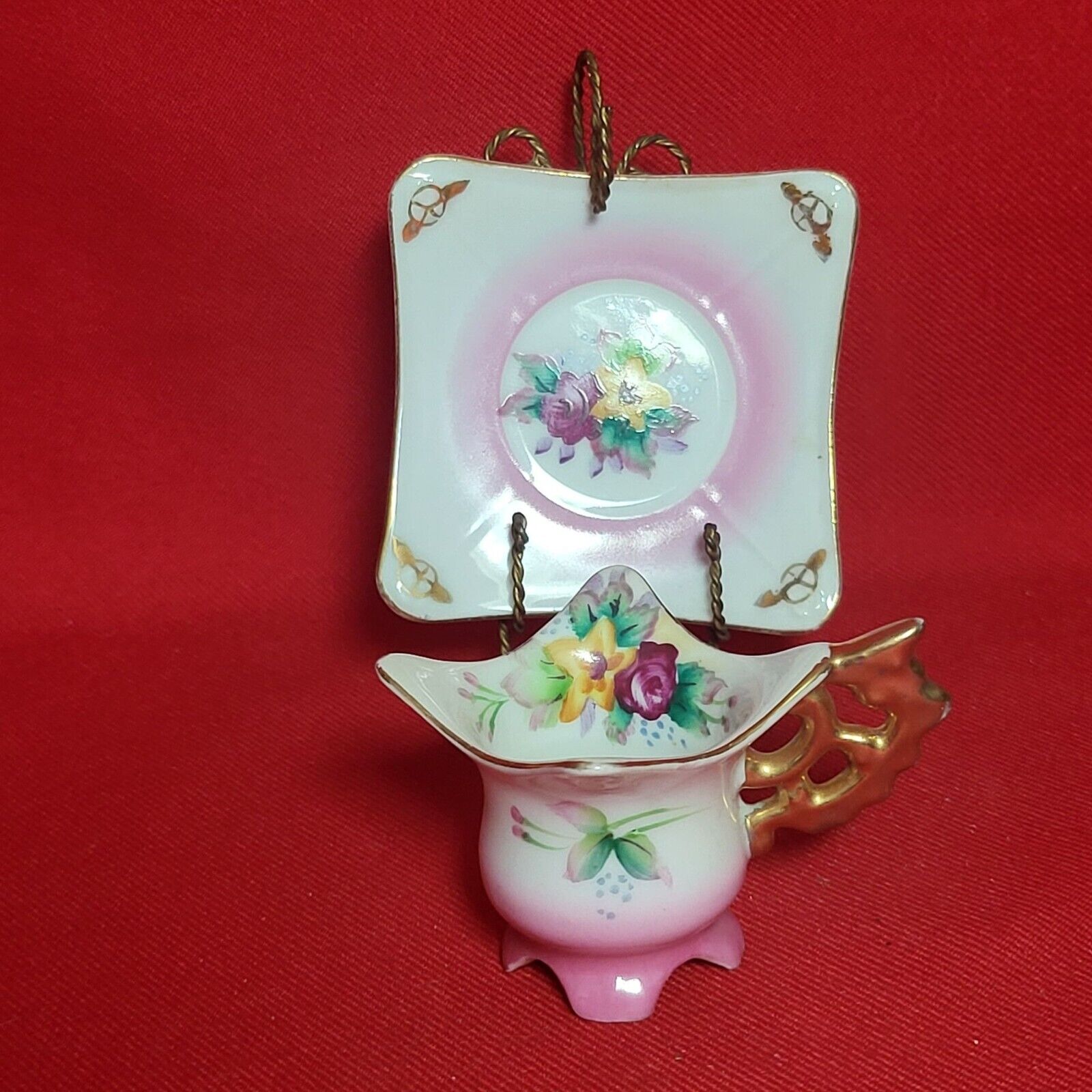 Vintage Miniature Cup and Saucer Japan Flowers Gold Trim