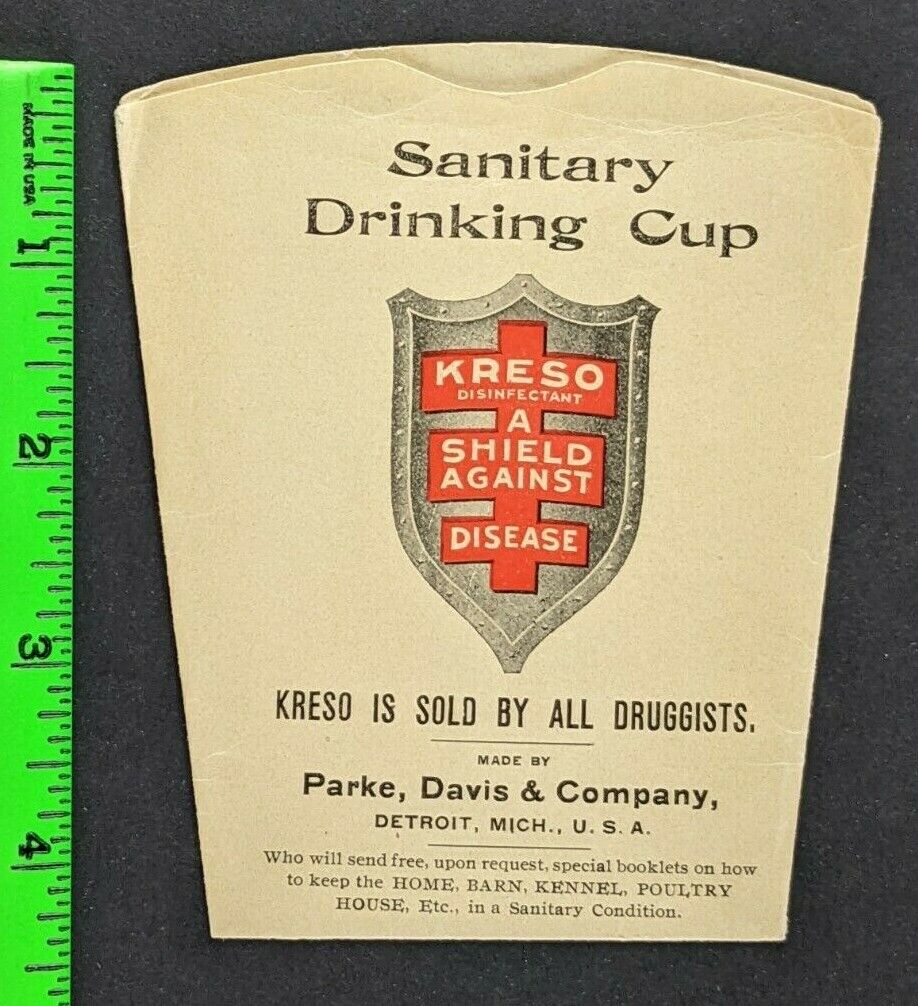 Vintage 1880 Kreso Disinfectant Flattened Paper Sanitary Drinking Cup Detroit Mi