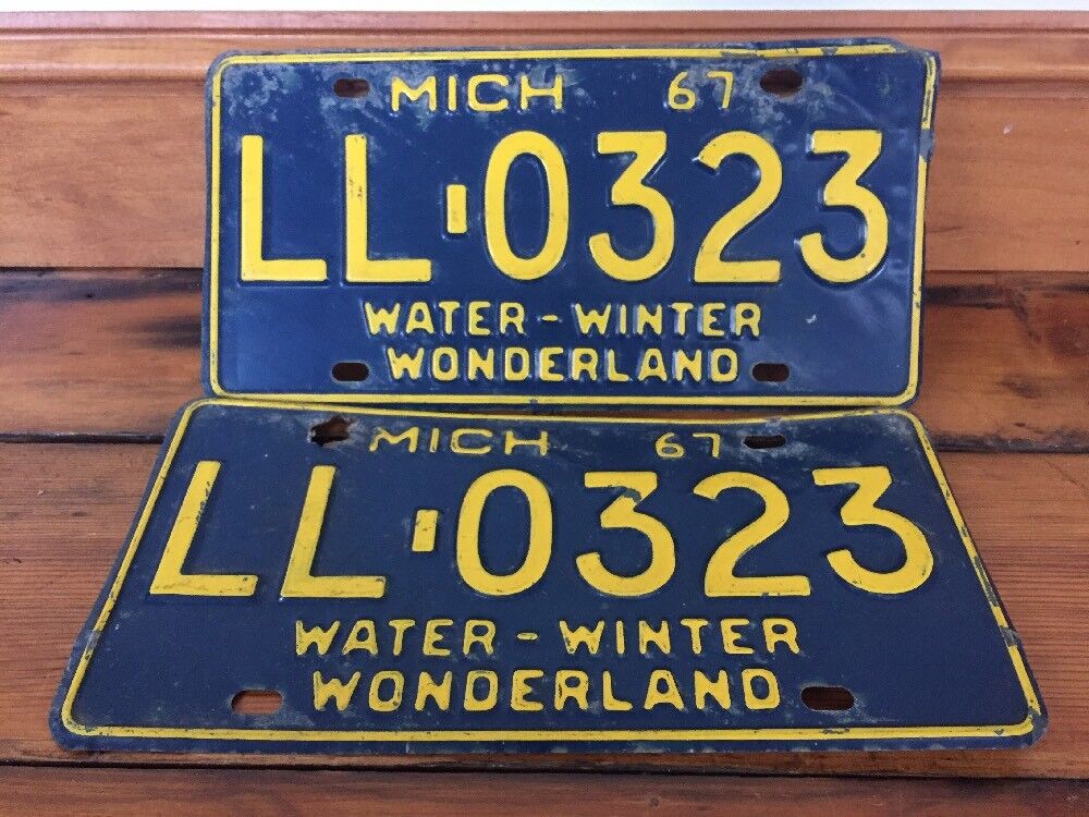 Pair Vtg Matched 1967 Michigan US Water Winter Wonderland Blue License Plates