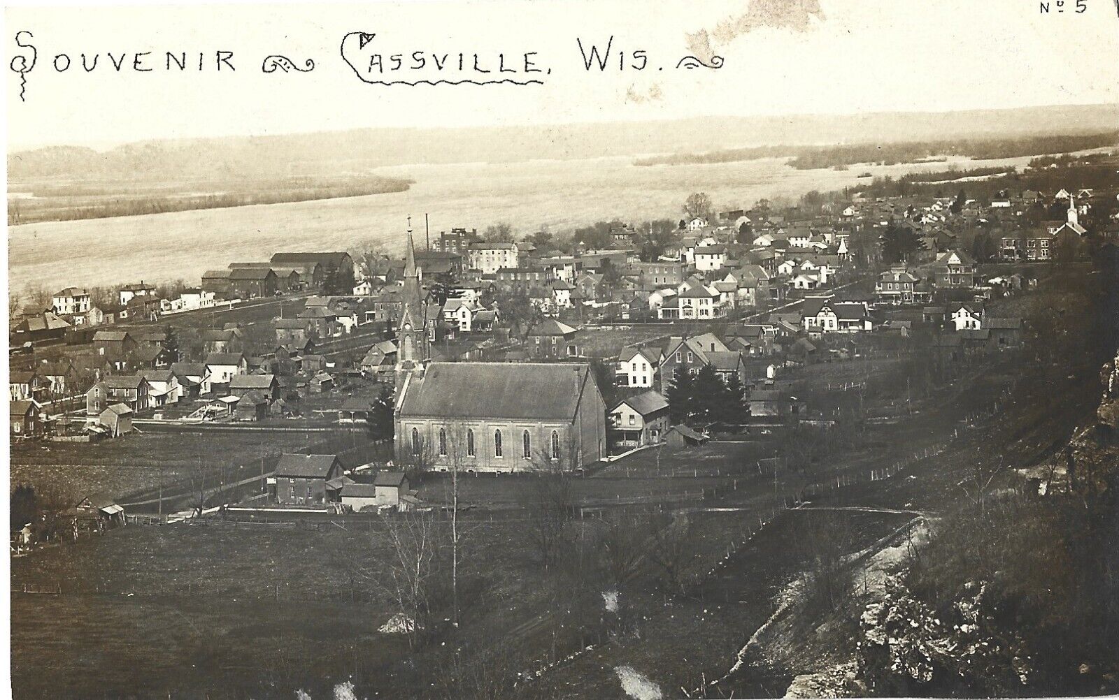 Cassville WI -- Super nice, detailed aerial of town; 1910s RPPC