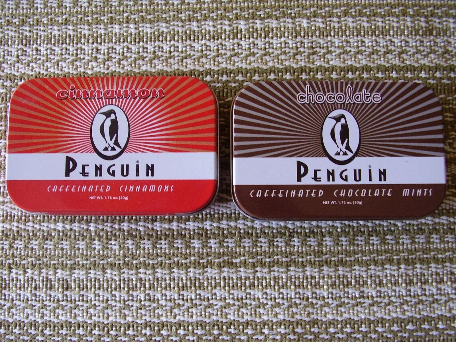 Lot of 2 Penguin Caffeinated Cinnamon & Chocolate Mints Empty Hinged Tins (USA)
