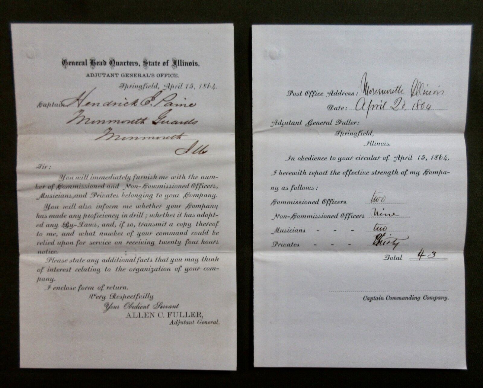2 Documents -April 1864 From Gen. HQ State of Illinois - Monument Guards