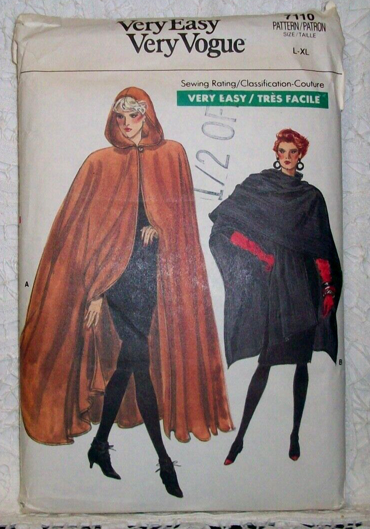 Vintage 1987 VOGUE Sewing Pattern 7110 Very Easy Cape 2 Styles & Lengths L-XL