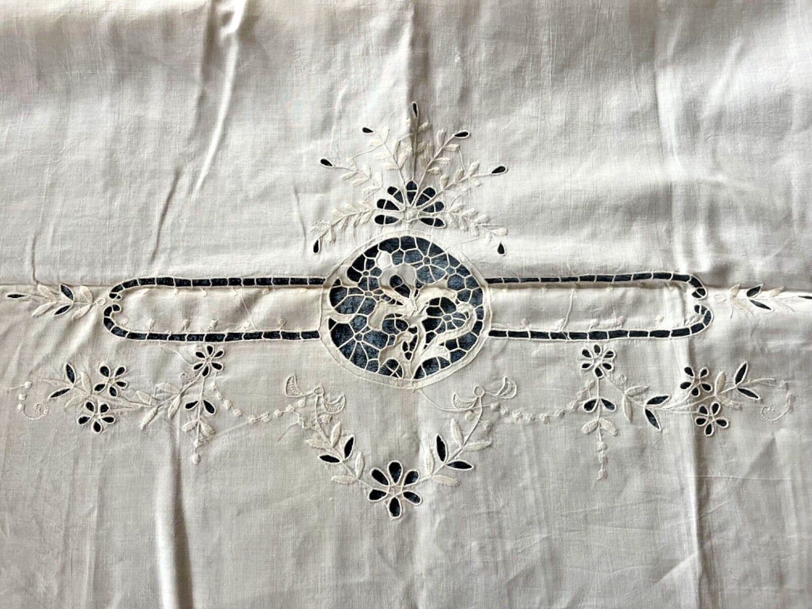 Antique Linen Top Bed Sheet & Pillowcases Thread-work Openwork Italy 94” x 98”