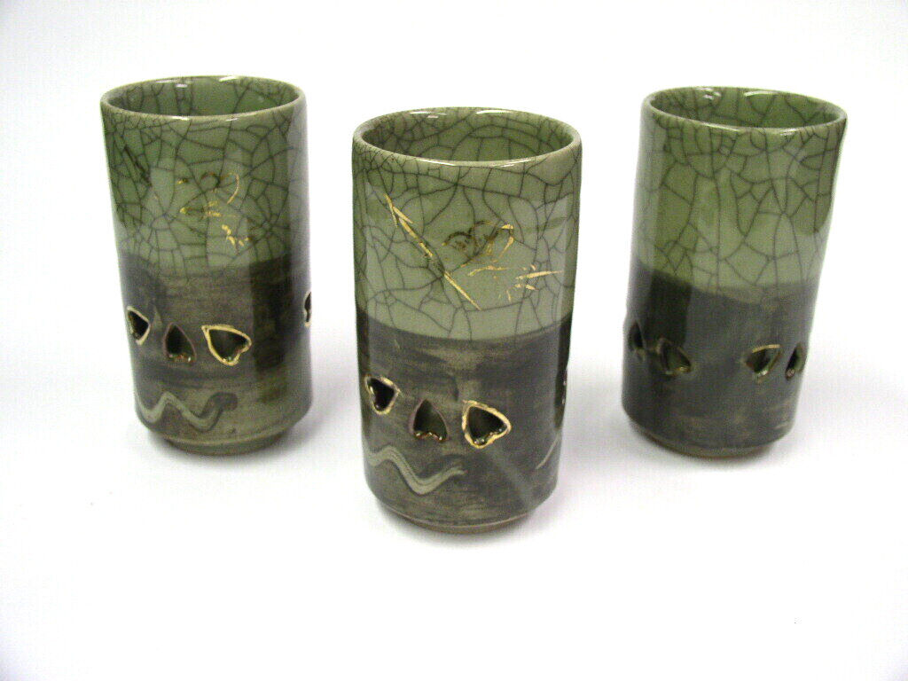 3 OTAGARI Somayaki Soma Ware Japanese  Green Pottery Crackle Glass - Tumblers