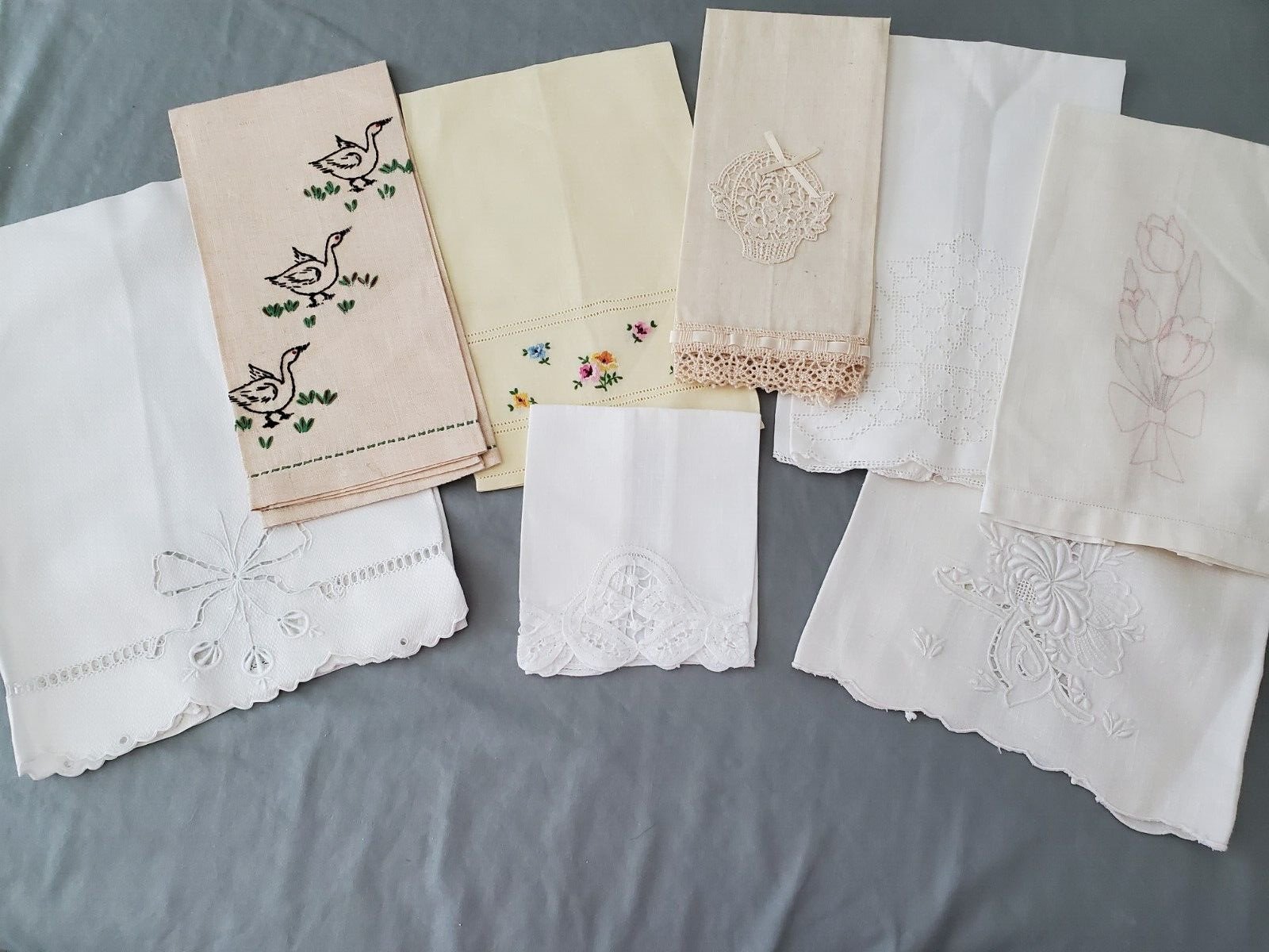 7 Vintage Miscellaneous Tea Towels Embroidered Battenburg Cutwork Needle Point