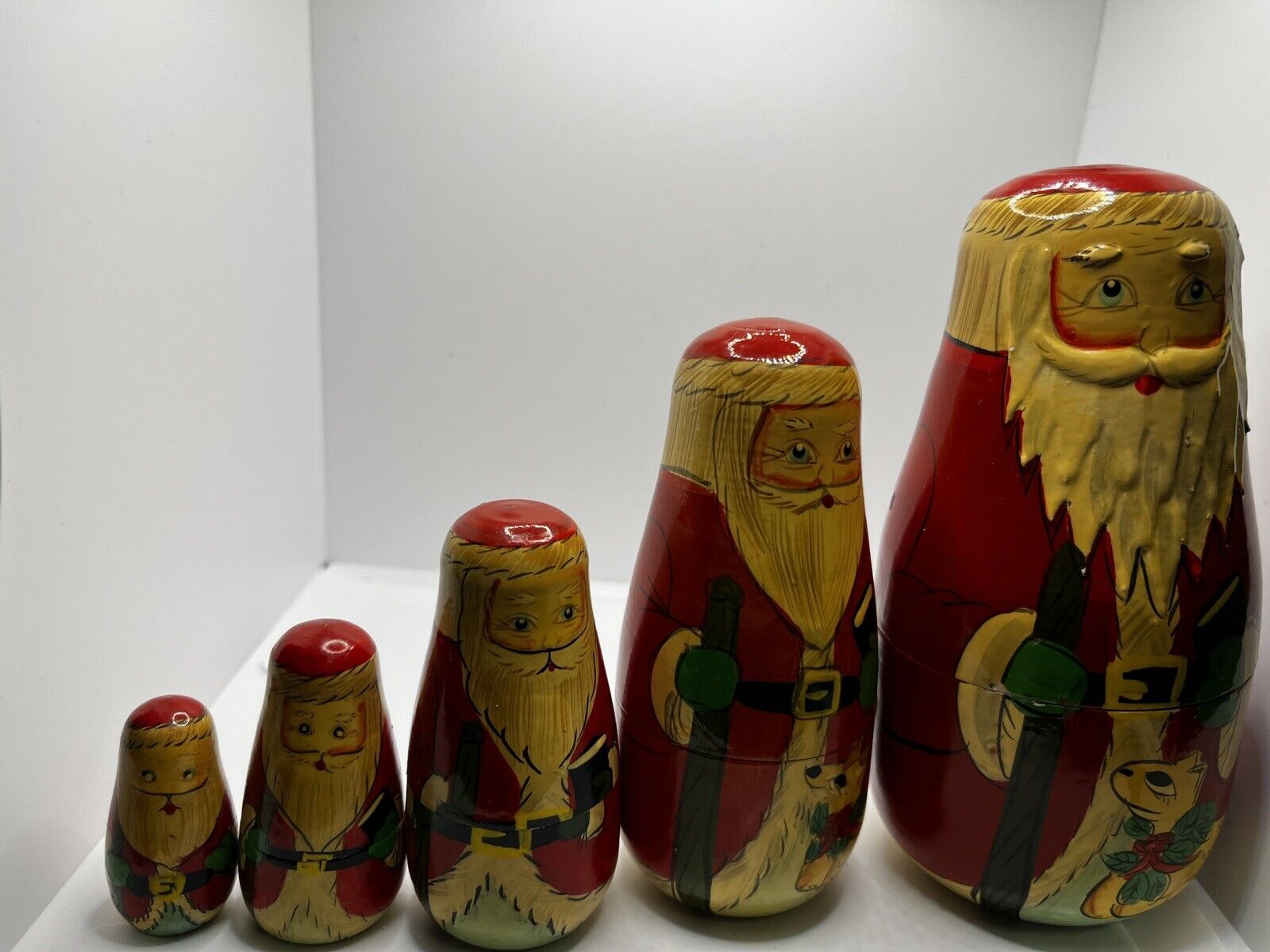Five Piece Russian Nesting Matryoshka Dolls Santa Claus Hand Painted Vintage