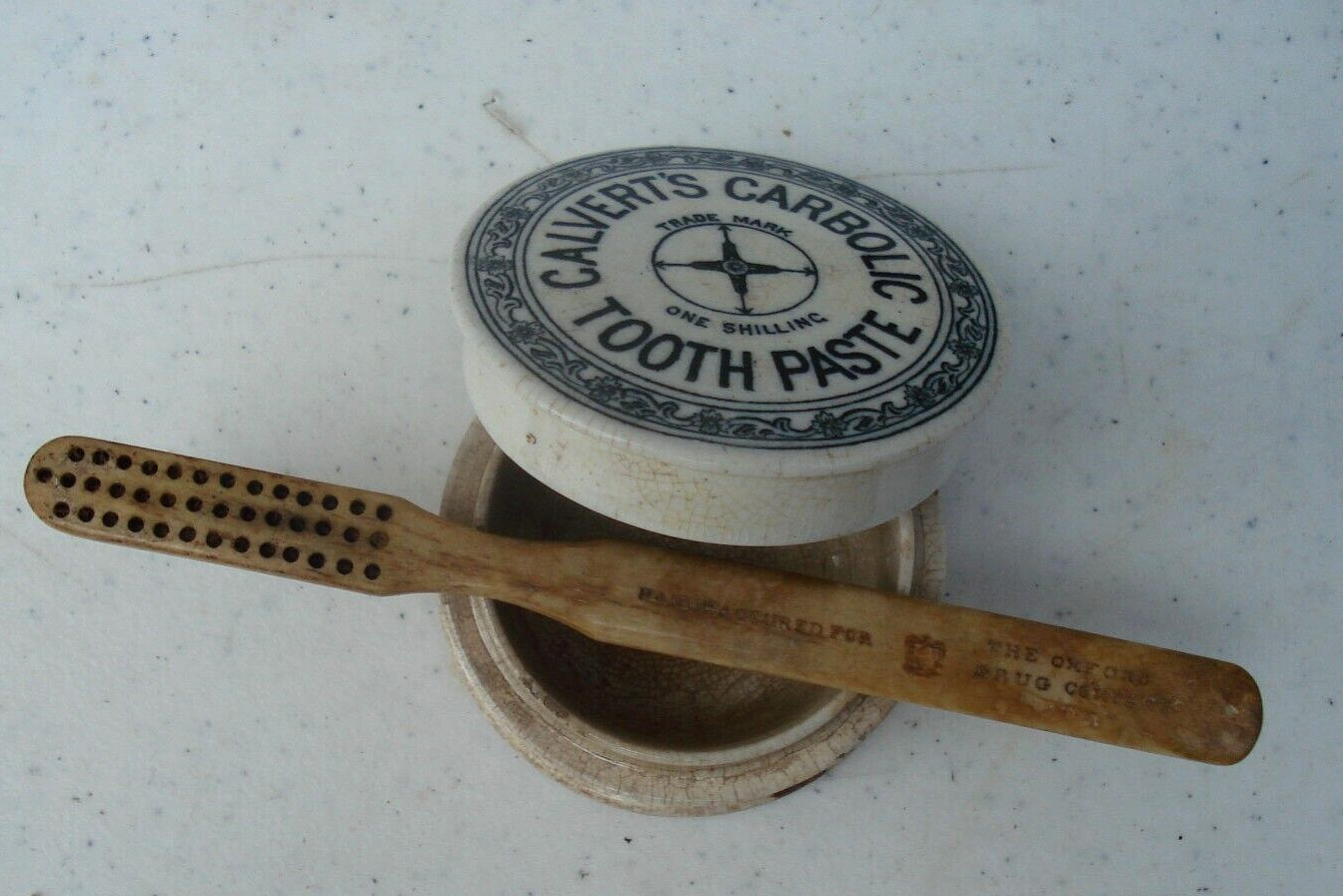 Antique OXFORD Drug Co, period Toothbrush...PLUS 1s, c1905 Calvert\'s jar pot lid
