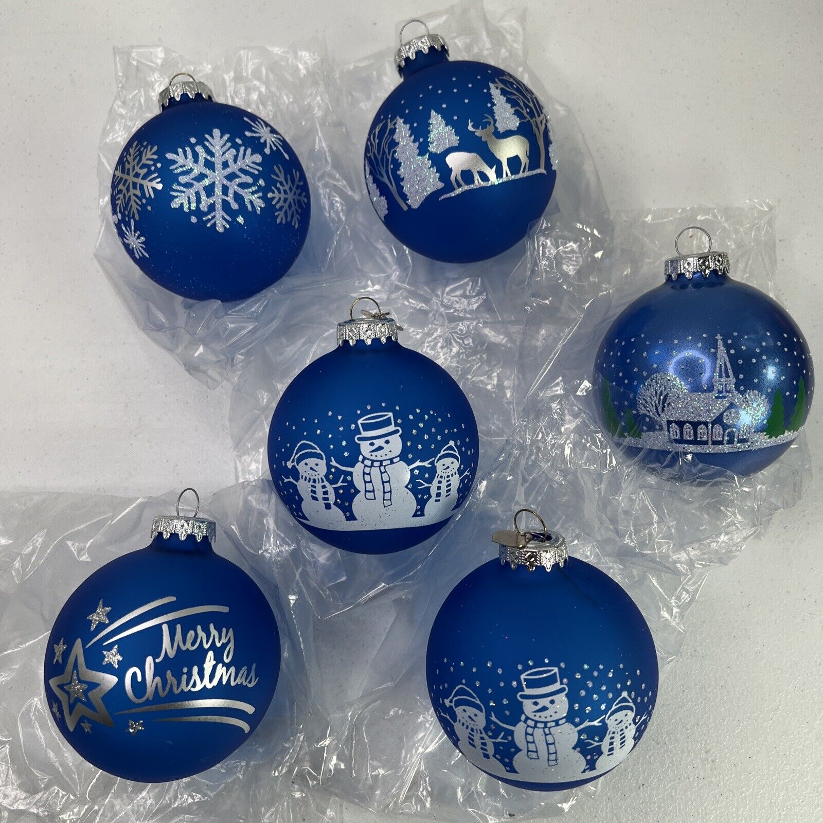 Set of 6 Vtg Bronner’s Christmas Glass Ornaments Blue White Glitter Winter Scene