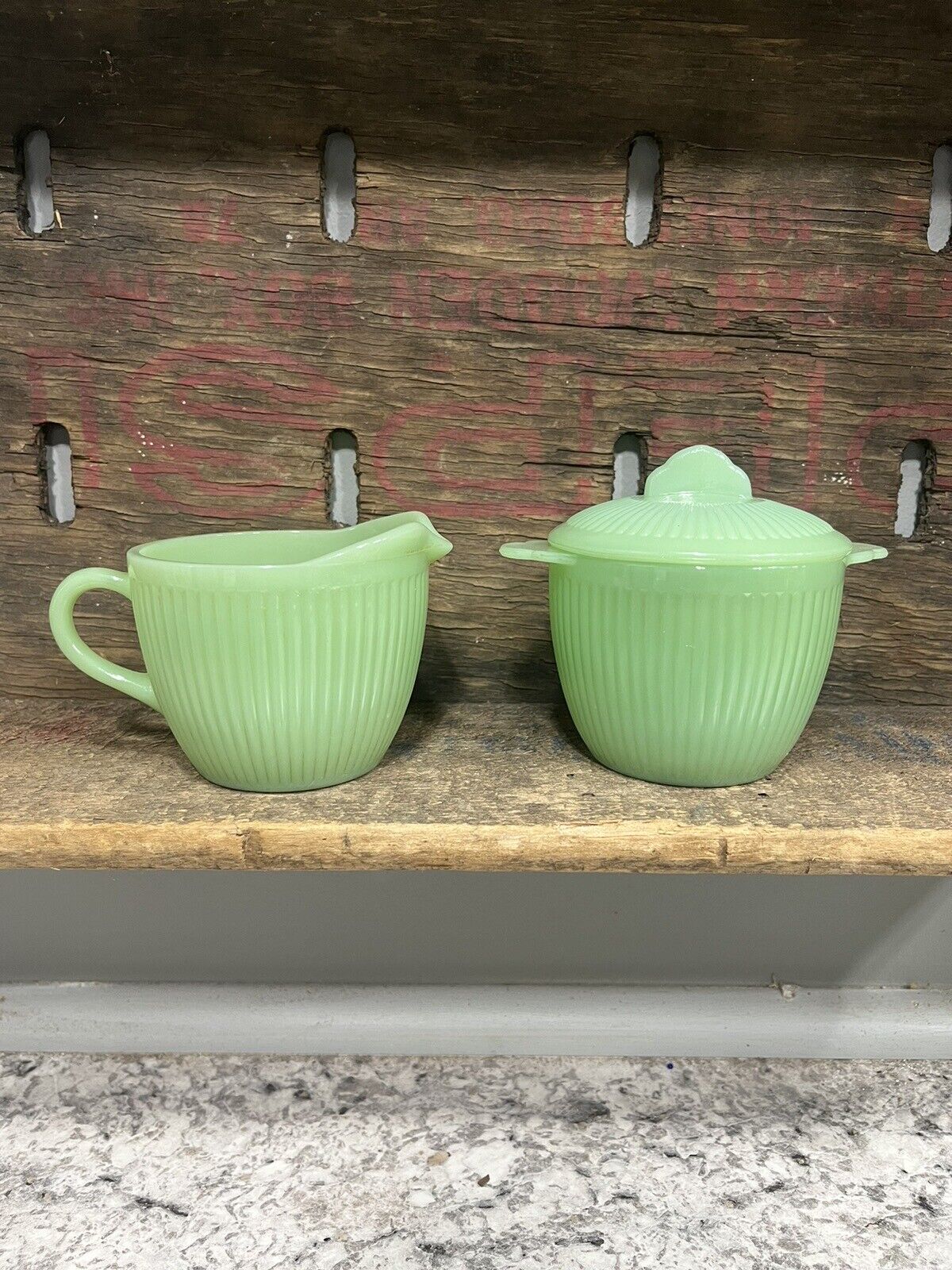 Vintage 40s Fire-King Oven Glass Jadeite Jane Ray Creamer & Sugar bowl with lid