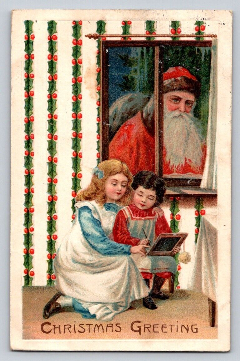 Santa Claus Looking Through Window Girls Embossed Germany c1910 P39