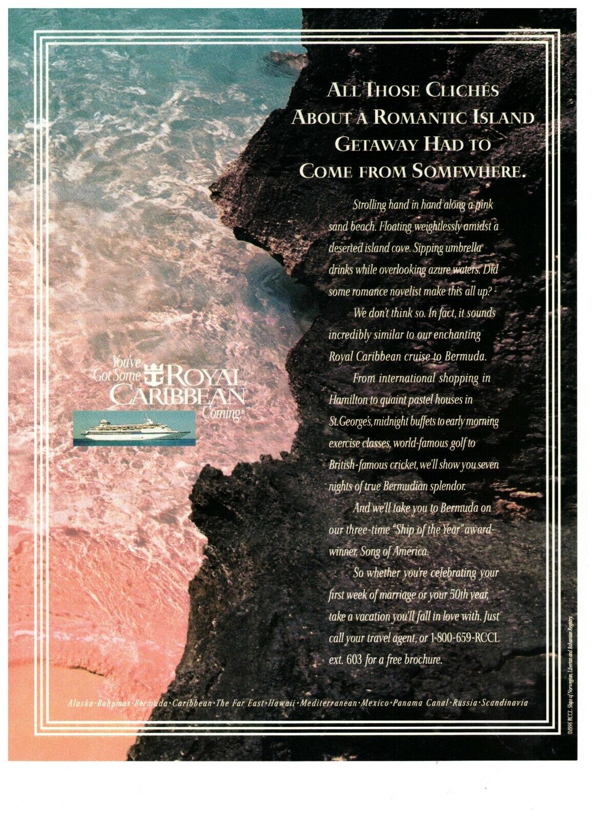 1997 Royal Caribbean Romantic Island Getaway Beach Vintage Print Advertisement