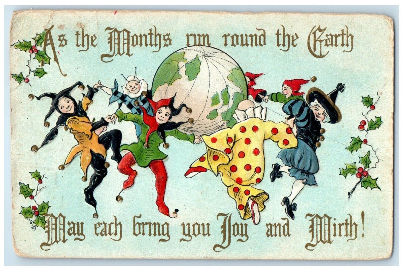 c1910's Christmas Jester Clown Playing Globe Embossed Brownville NY Postcard