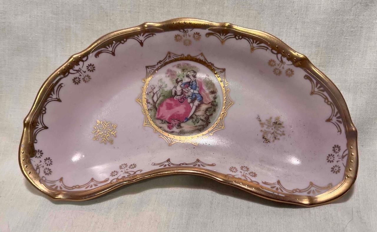 Austrian Royal Vienna Pink & Gold Cameo Couple Center Crescent Bone Side Dish