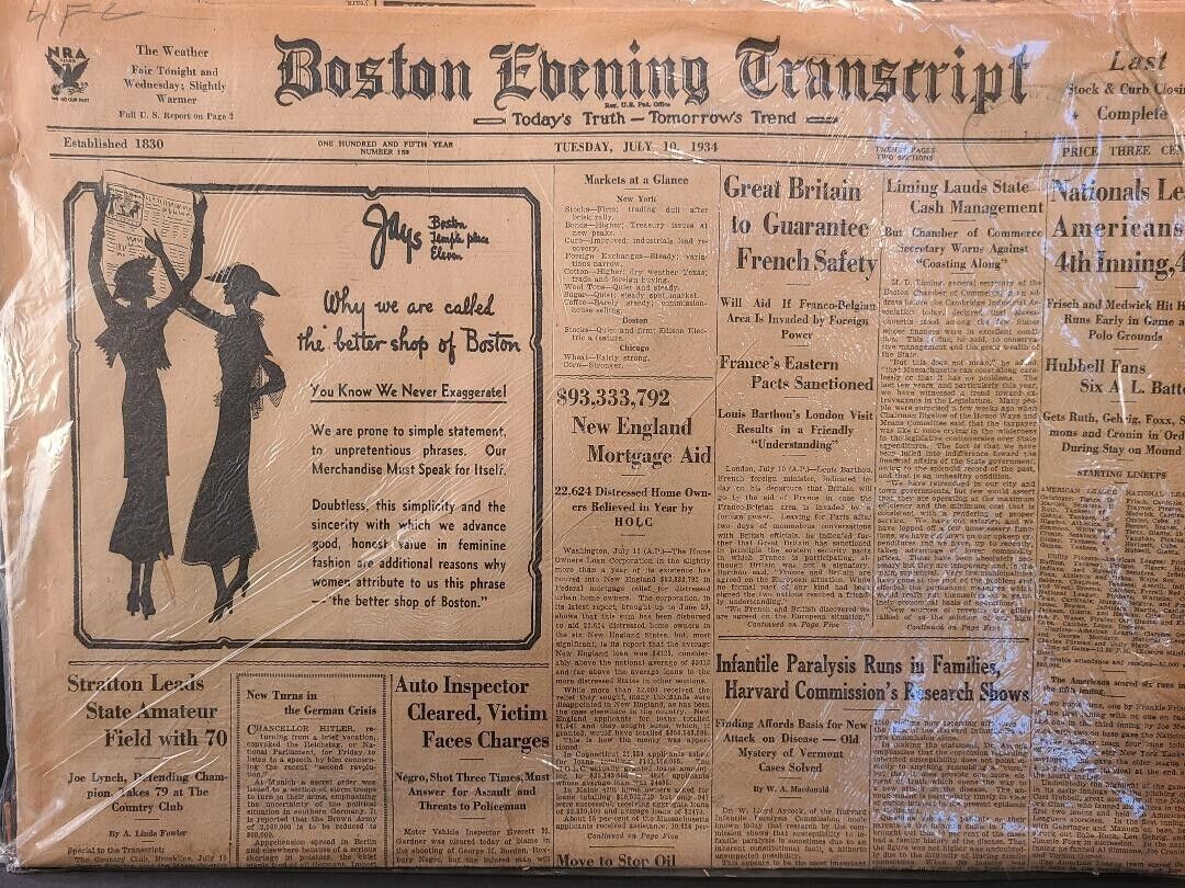 Original Historic Newspaper - BOSTON EVENING TRANSCRIPT - July 10, 1934