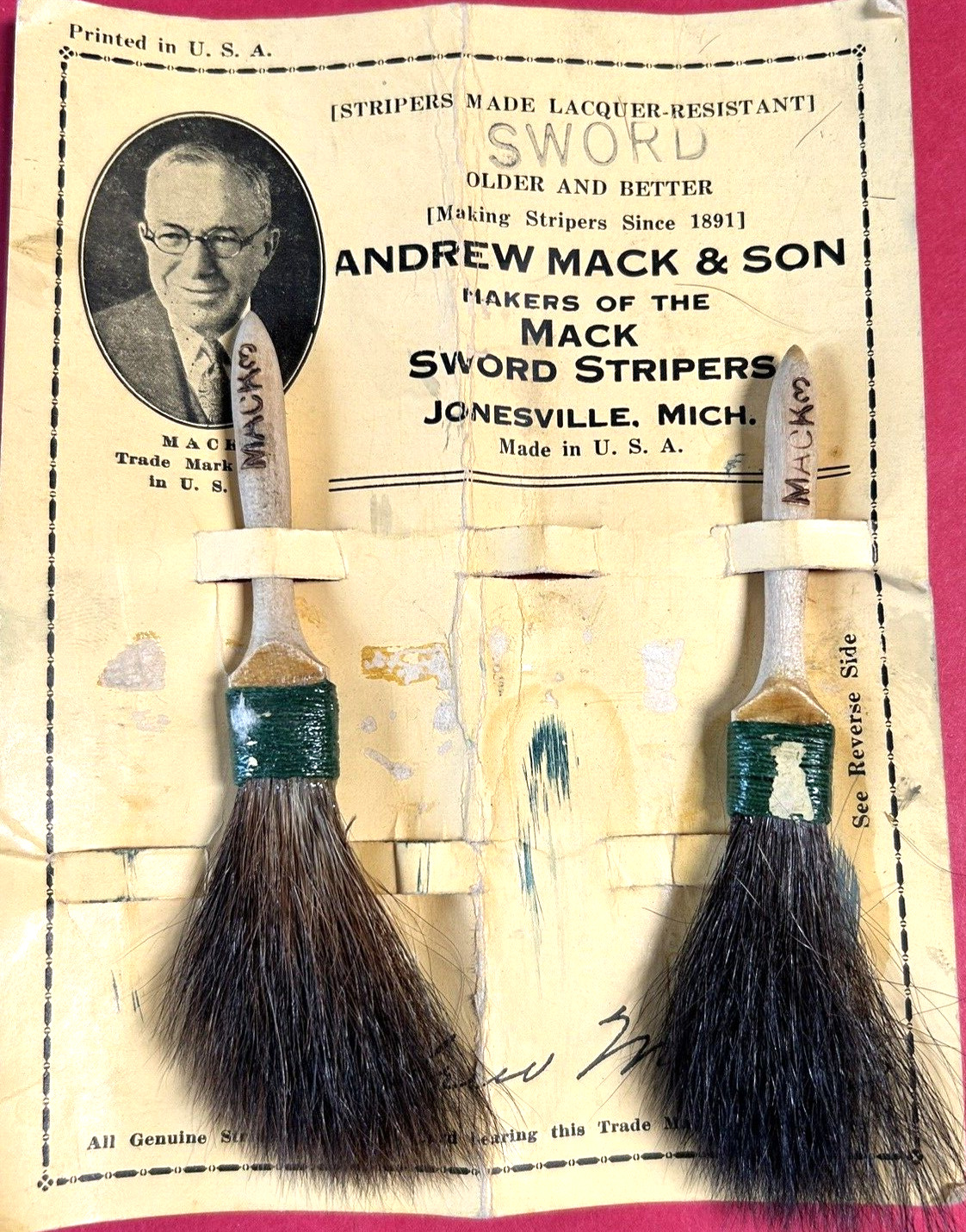 Striping Brushes Andrew Mack & Son Pair on Original Card