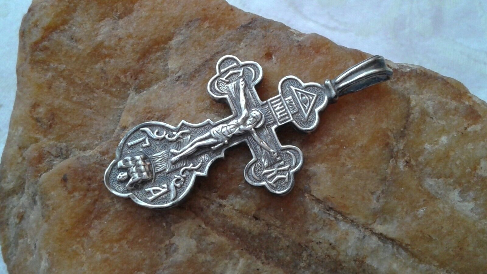 LARGE SOLID STERLING SILVER ORTHODOX CRUCIFIX ALL-SEEING EYE \