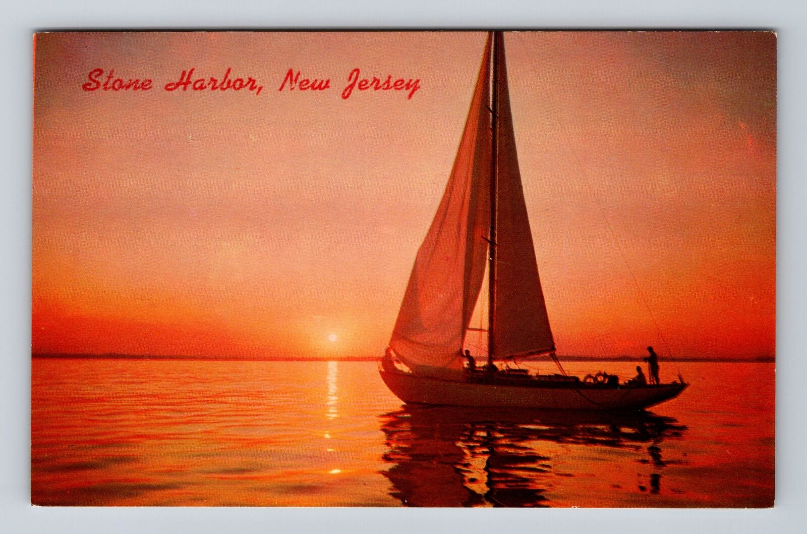 Stone Harbor NJ-New Jersey, Sunset on Stone Harbor Sailboat Vintage Postcard