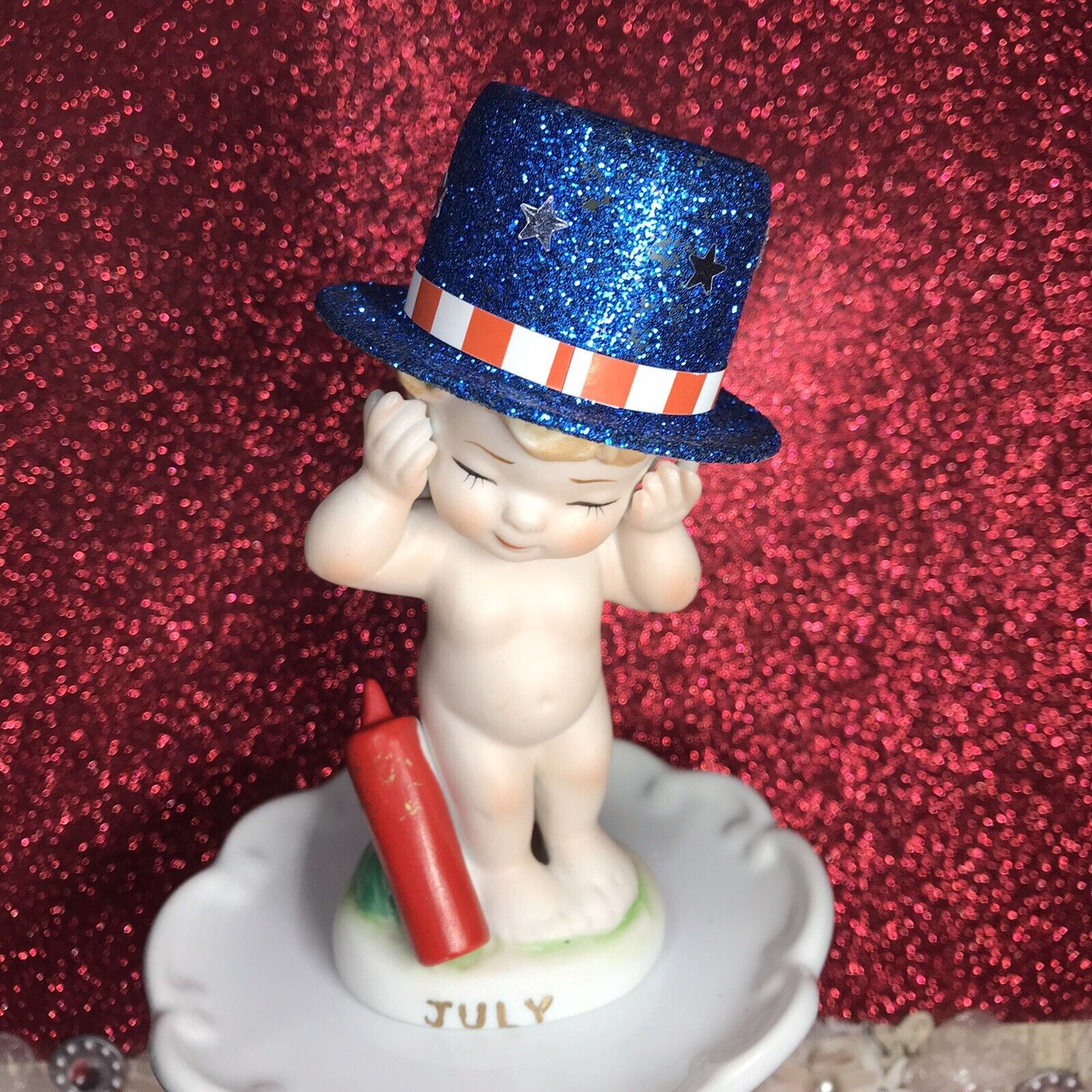 Vtg Lefton July Angel Girl Big Blue Glitter Top Hat Firecracker Figurine Japan