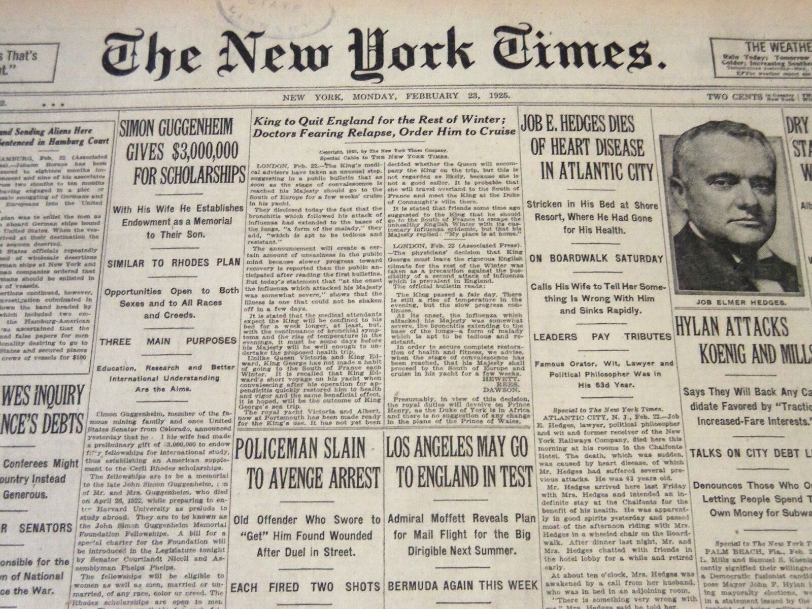 1925 FEBRUARY 23 NEW YORK TIMES - JOB HEDGES DIES OF HEART DISEASE - NT 5454