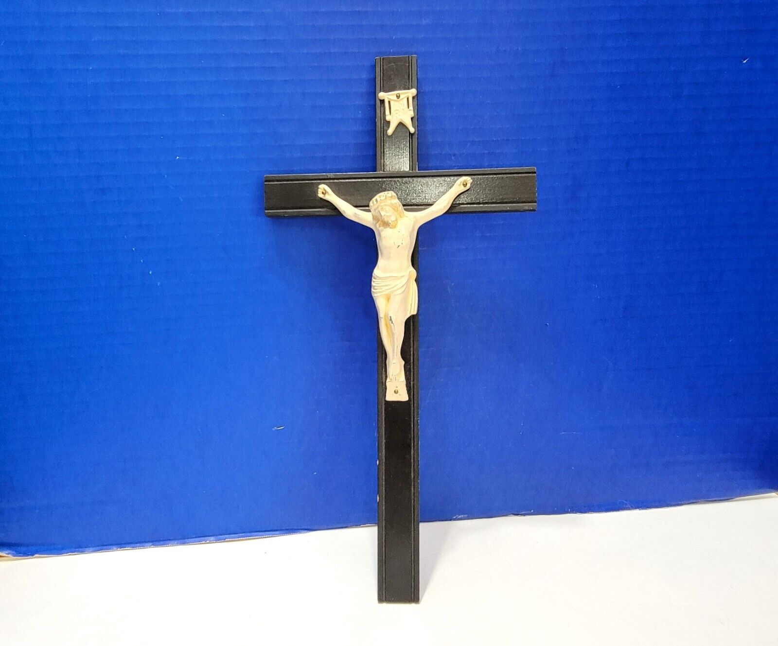 Vintage Large Black Wood Crucifix with White Metal Jesus