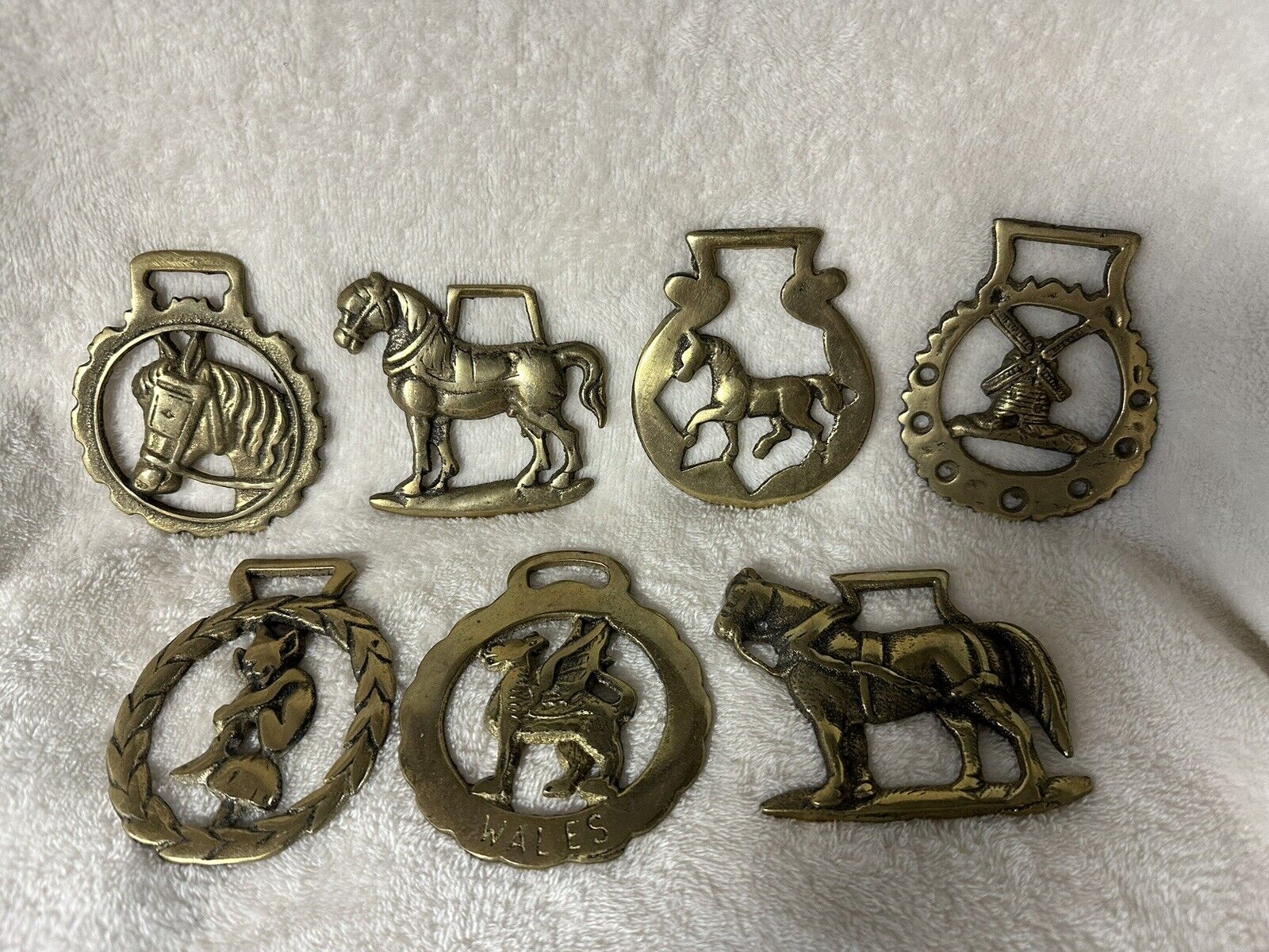 Lot of 7 Vtg Brass Horse Medallions Griffon Windmill Elf on Mushroom Tack Bridle