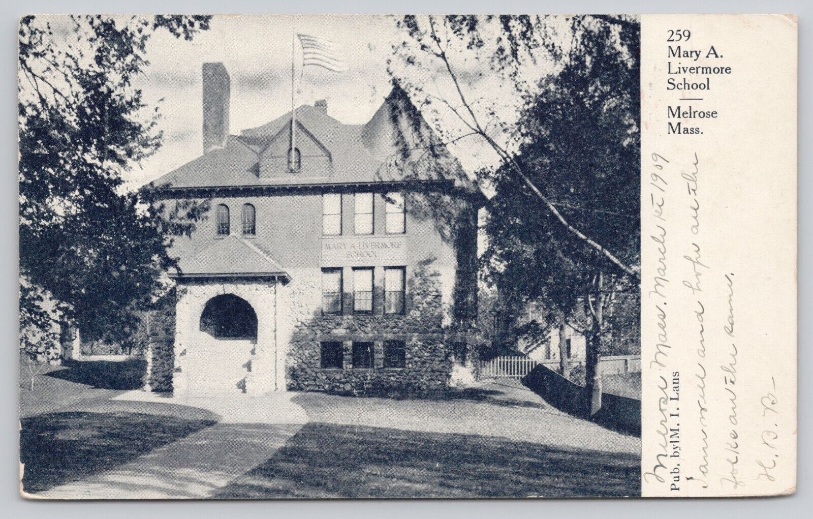 Postcard Mary A Livermore school, Melrose, Massachusetts