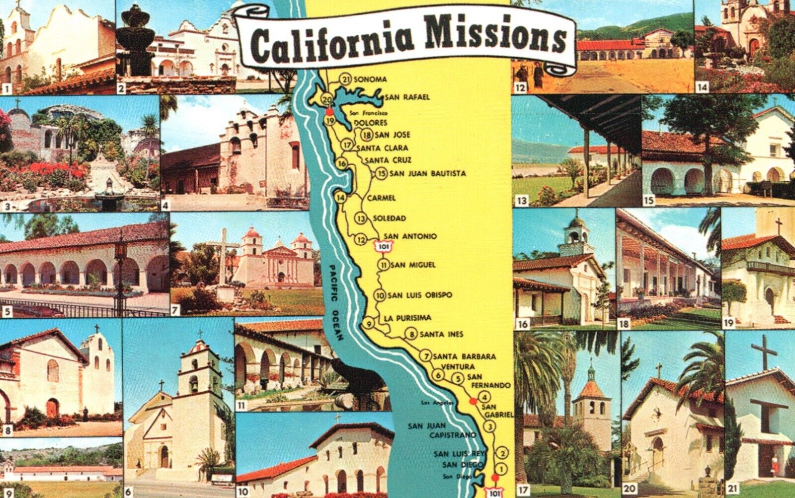 Postcard CA California Missions Diagrammed Map Multi View Vintage PC G120