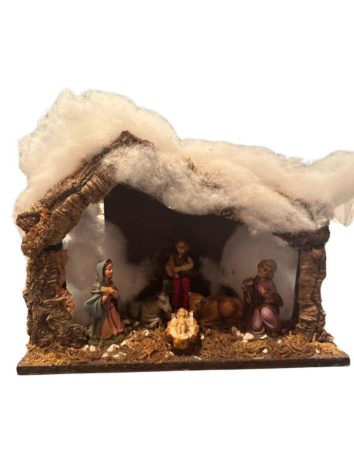 Nativity,Holy Family,Donkey,Ox, Manger,Vintage,Plastic,Wood,Christmas