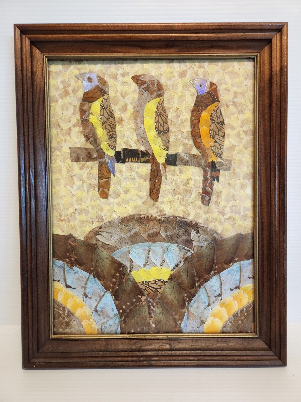 Vintage Natural Art Framed 3 Birds Made W/ Real Butterfly Wings, ONE OF A KIND 