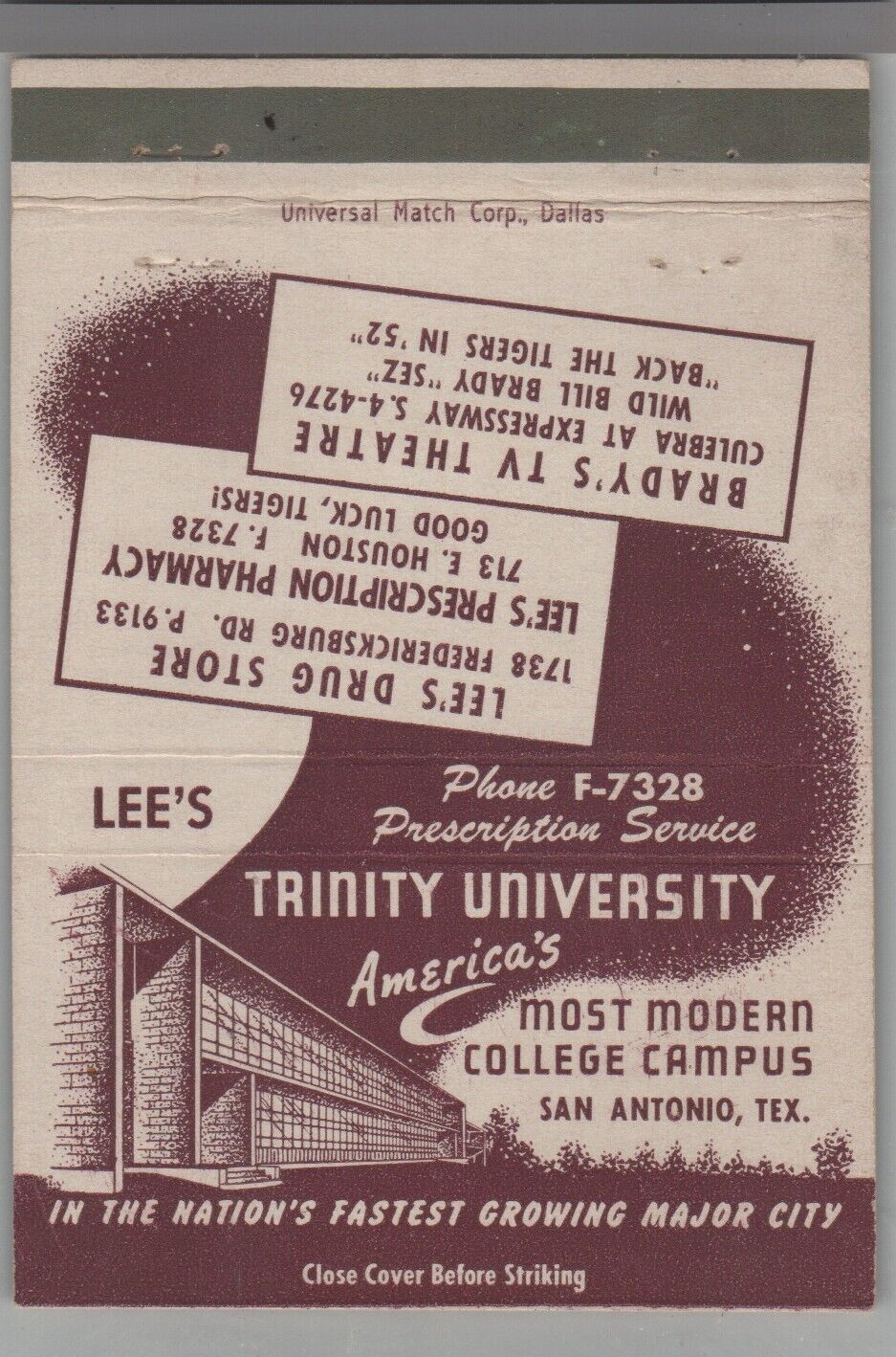 Matchbook Cover Trinity University San Antonio, TX 1952-53 Basketball Schedule