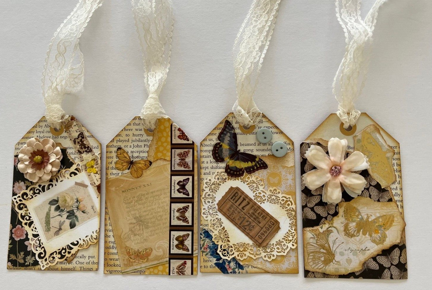 4 Handmade Embellishments Hang Tags Junk Journal Ephemera Shabby chic Butterfly