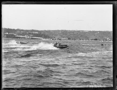 Three outboard motor boats speeding along Middle Harbour, Sydney, 2- Old Photo