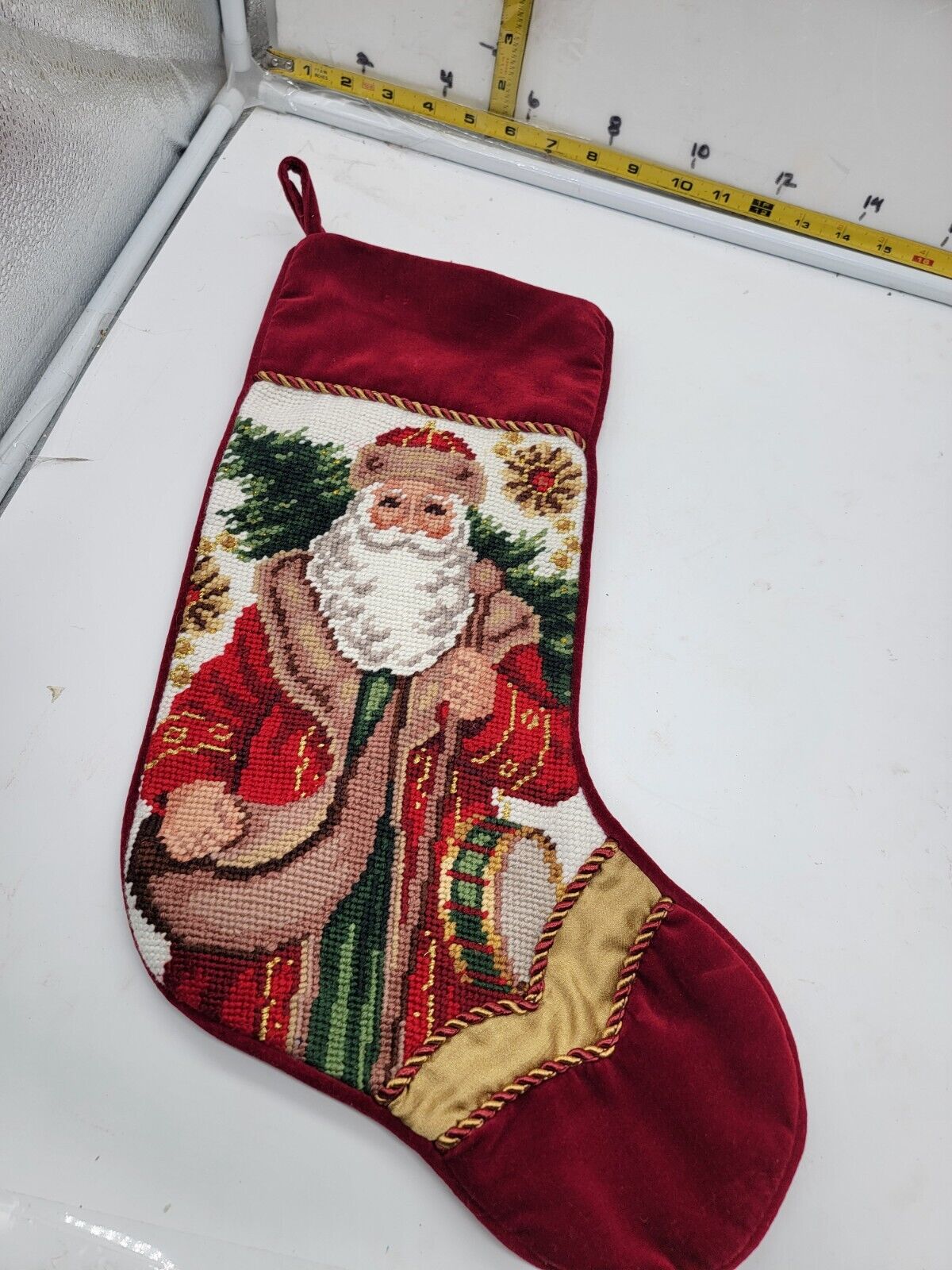 Vintage Needlepoint Velvet Christmas Stocking Old World Santa 
