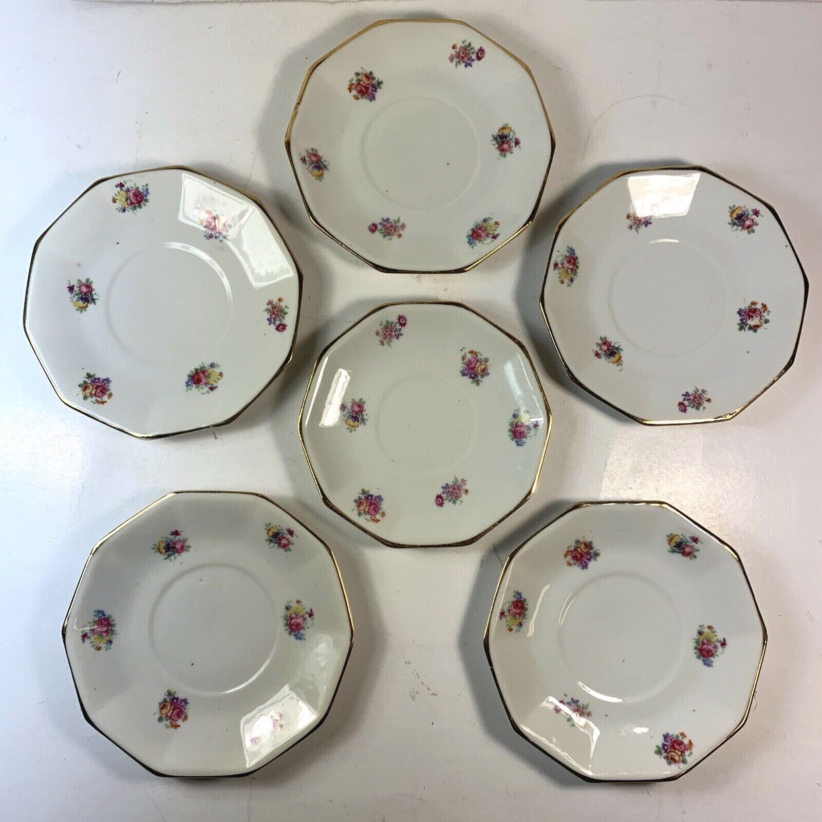 PF France Porcelain White Pink Floral Pattern Saucer Plates, Set of 6, Vintage