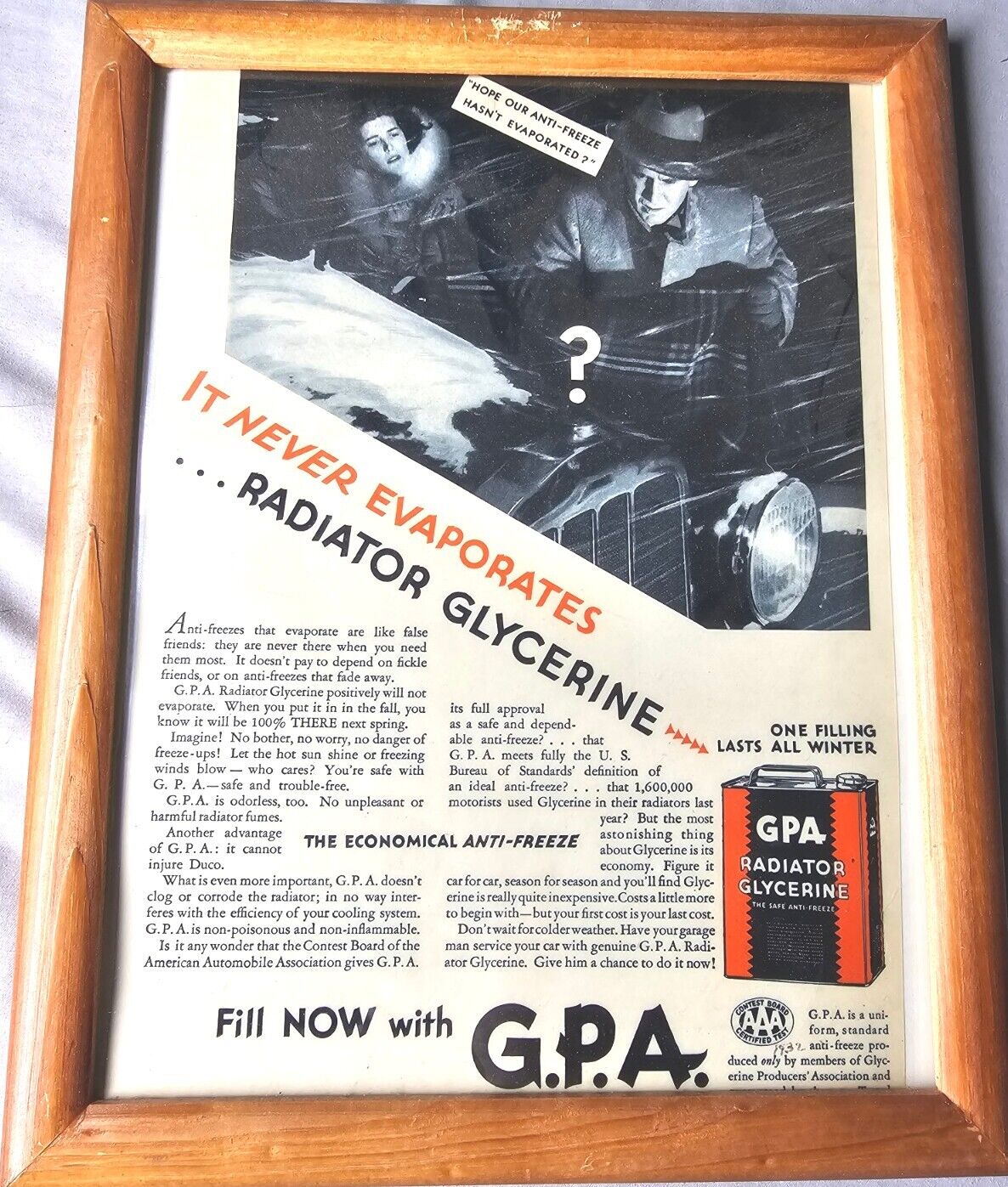 Antique 1932 GPA Radiator Glycerine Advertisment
