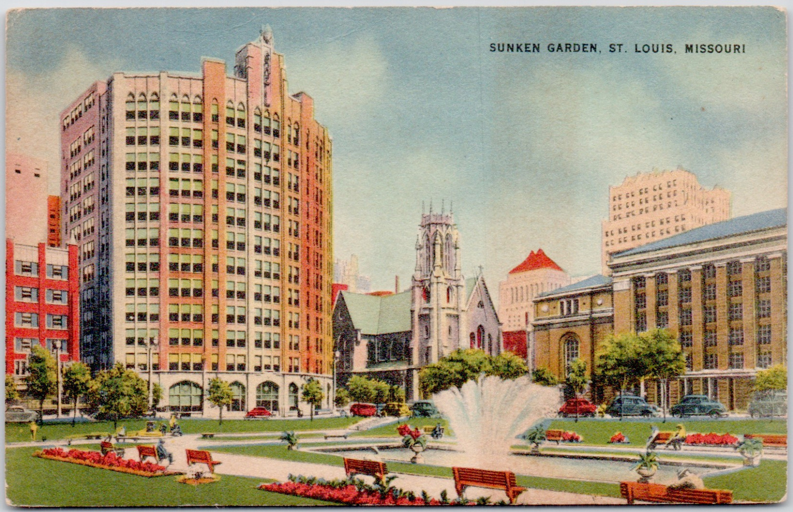 St Louis Missouri Sunken Garden Downtown Fountain USA MO Linen Vintage Postcard