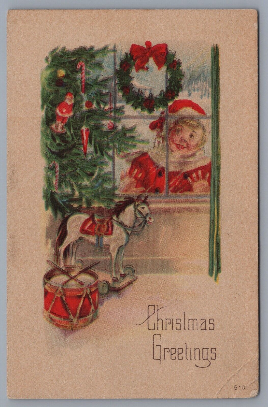 c 1910 Antique Christmas Card Postcard Tree Wreath Kid in Window Drum Horse
