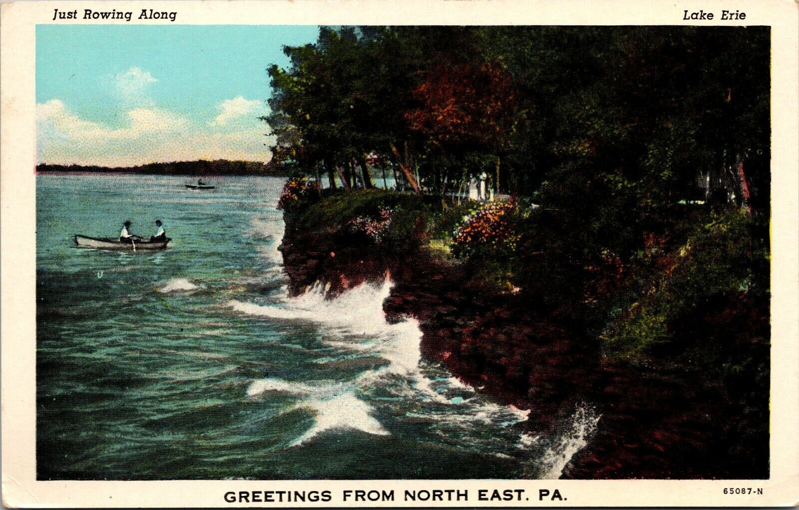 Greetings from North East PA Pennsylvania Just Rowing Along Linen Postcard 