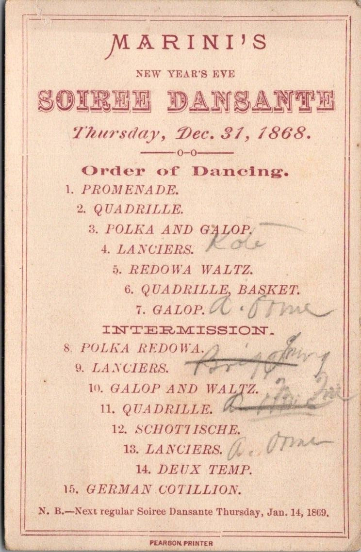 1868 Marini's New Year's Eve Soiree Dansante Dance Card with notes