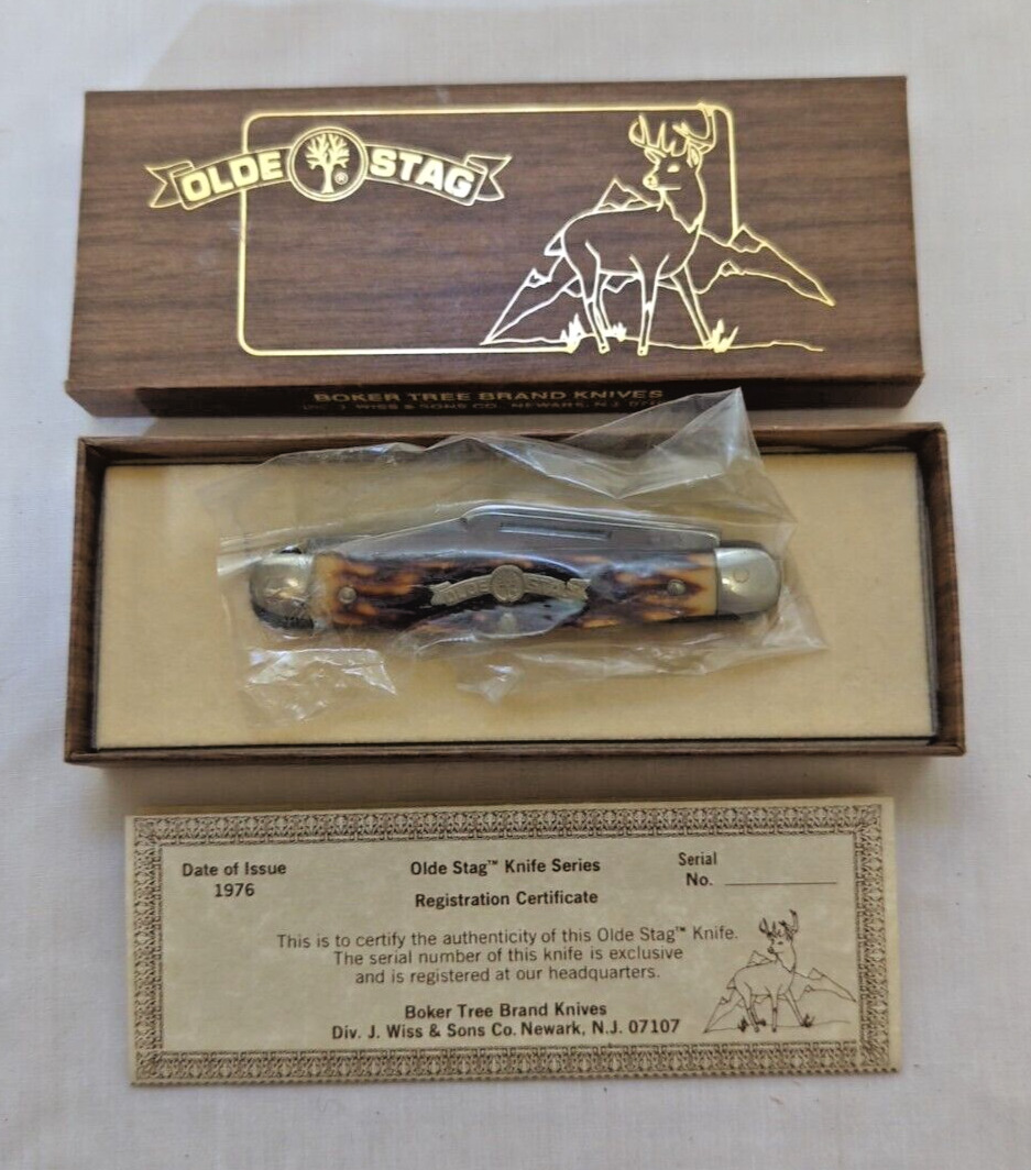 Vintage NEW 1976 Boker Tree Brand Olde Stag Pocket Knife with Box 3 BLADE #70488