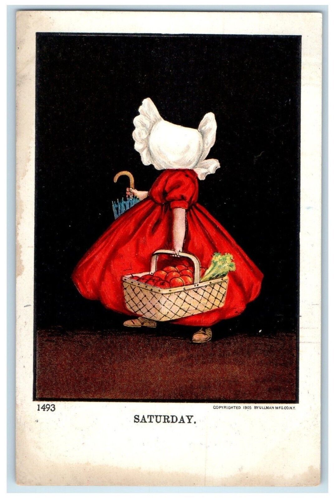 c1905 Girl Holding Basket With Apple Saturday Wall Unposted Antique Postcard