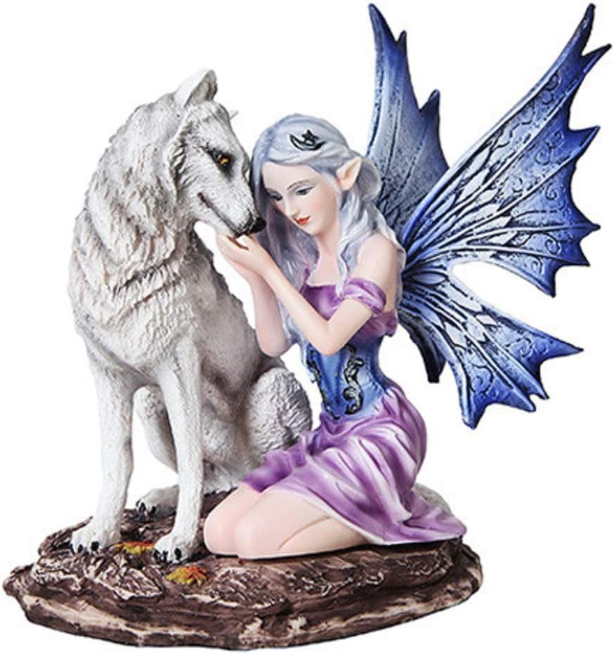 6.75 Inch Blue Winged Fairy with White Wolf Resin Statue Figurine