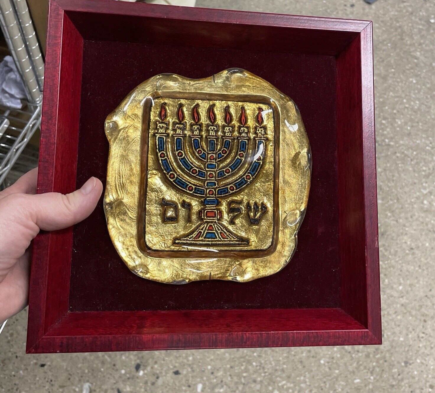 Vintage Judaica Hebrew Shalom שׁלום Glass Menorah Plaque Judaism Jewish Israel