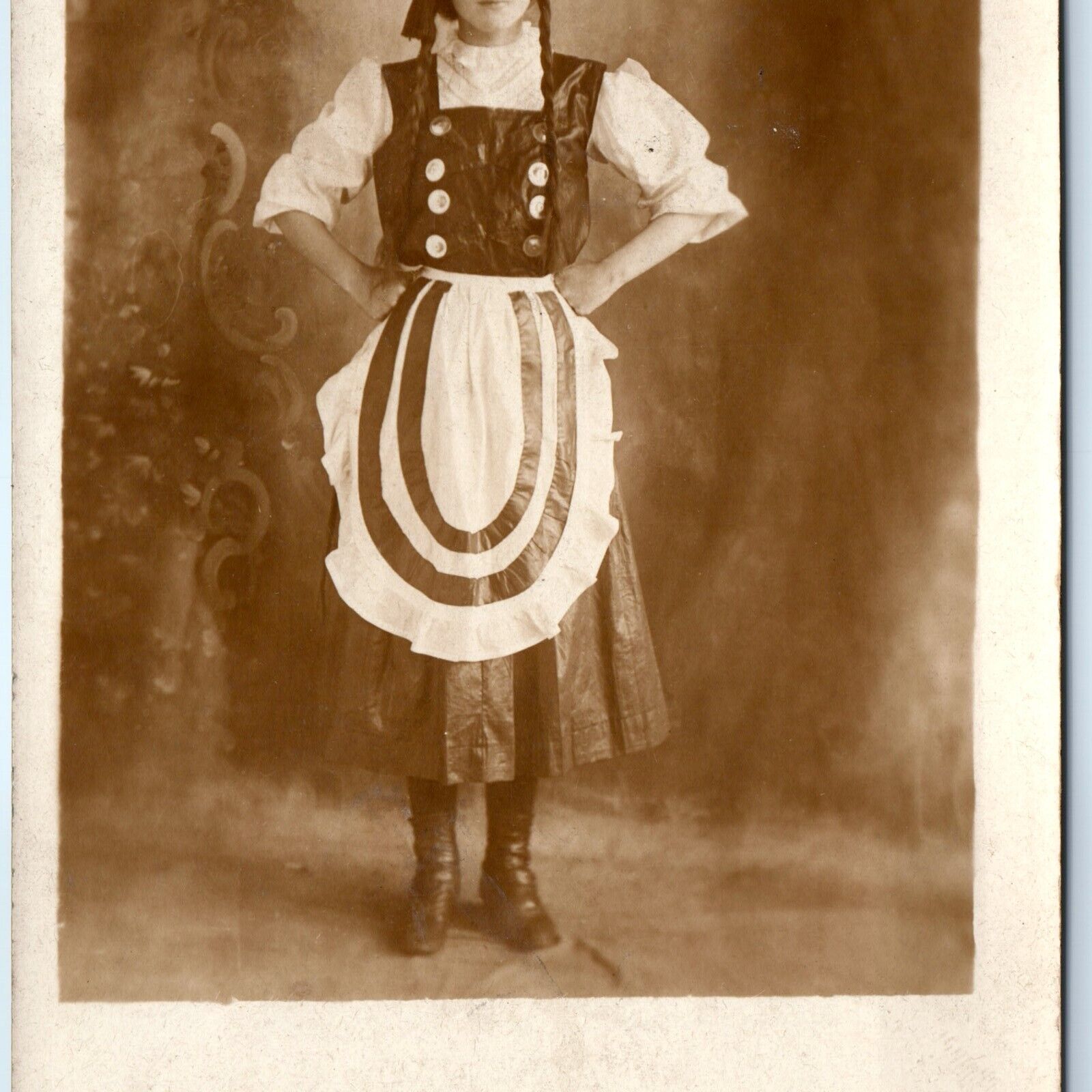 c1910s Chicago Cute Girl Pigtails RPPC Trad Costume Real Photo PC Calumet A171