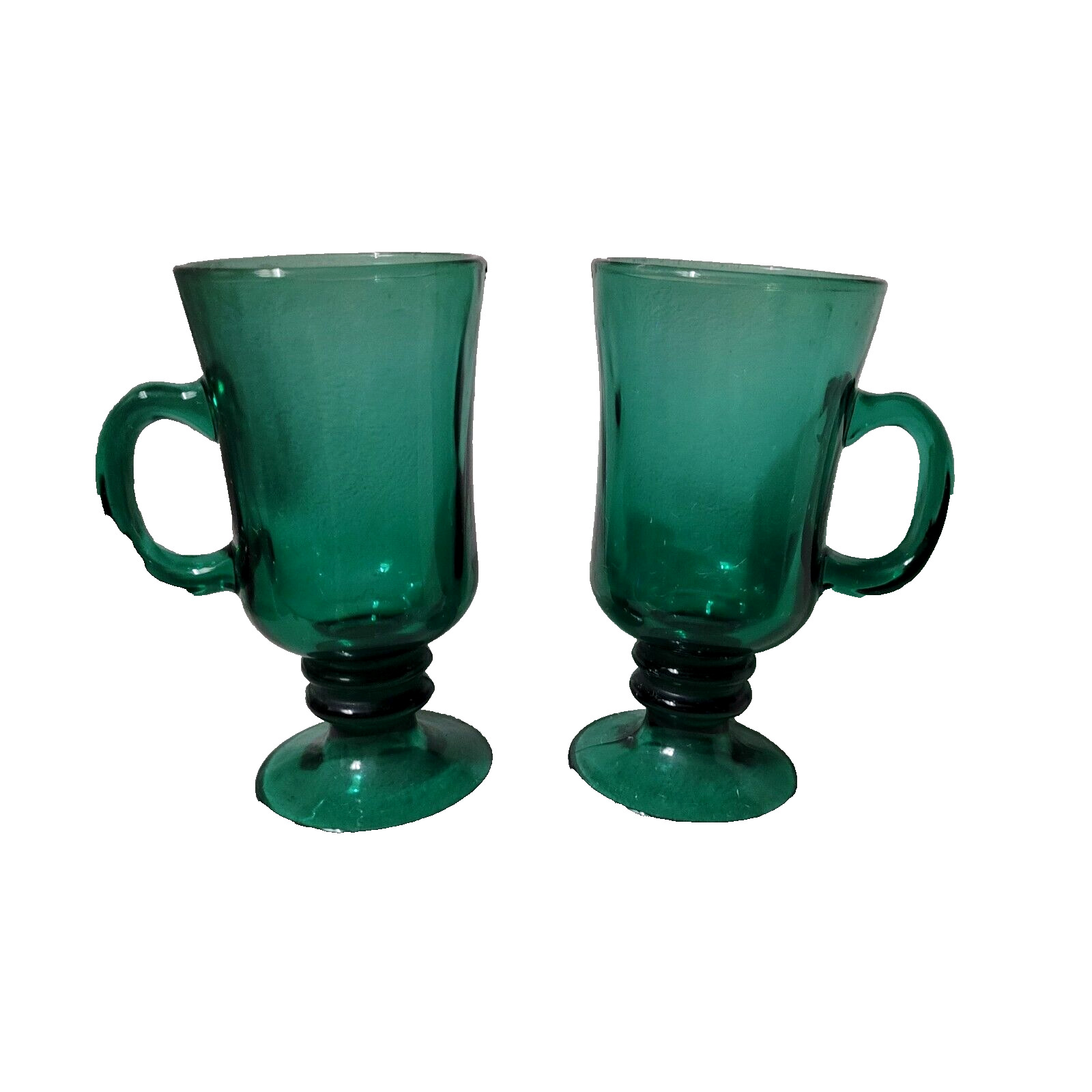 Vintage Set 2 Libbey Glass Pedestal Cups Mugs Handle Green Gold Trim Espresso