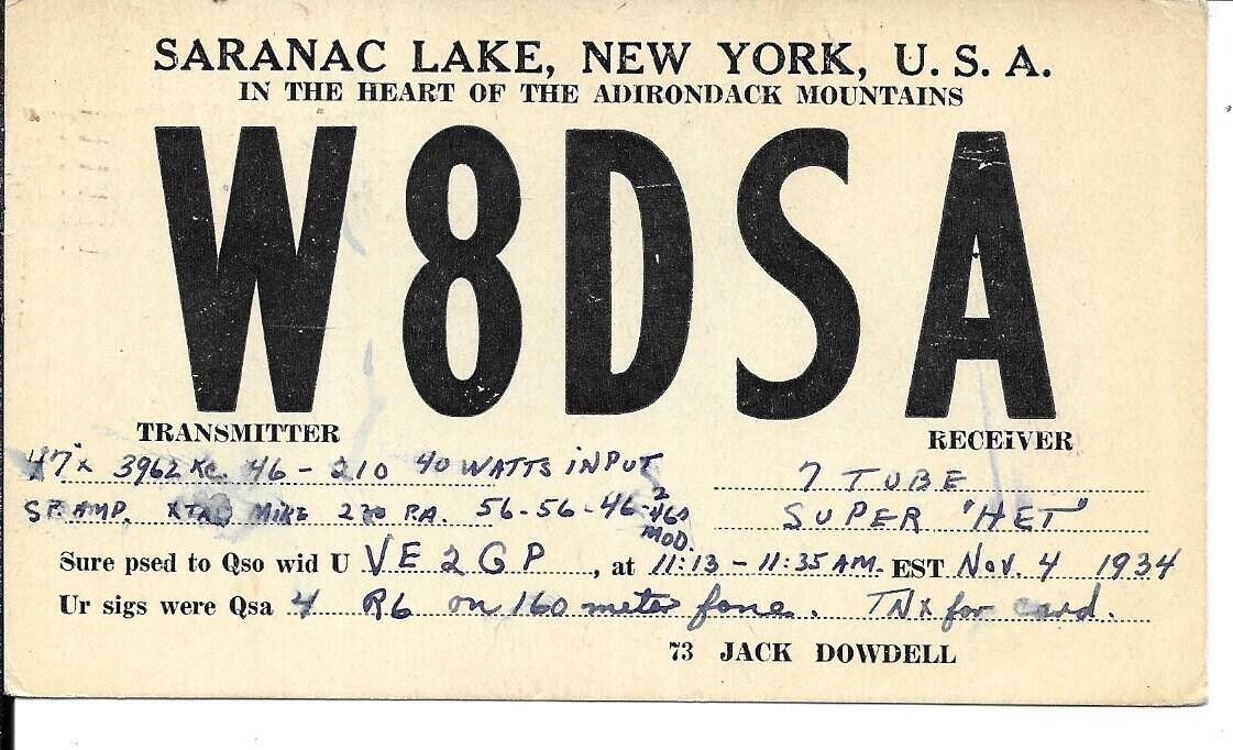 QSL  1934 Saranac Lake New York   radio card